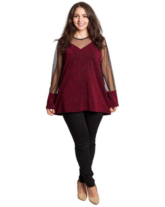 Блестяща бордо туника с тюл на точки в големи размери