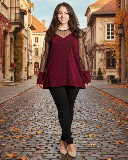 Блестяща бордо туника с тюл на точки в големи размери