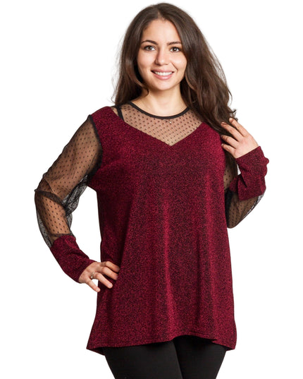 Блестяща бордо туника с тюл на точки в големи размери