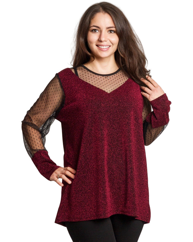 Блестяща бордо туника с тюл на точки в големи размери