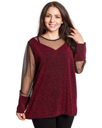 Блестяща бордо туника с тюл на точки в големи размери