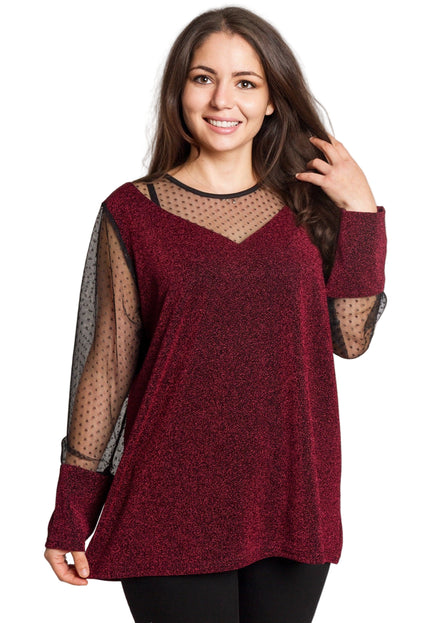 Блестяща бордо туника с тюл на точки в големи размери