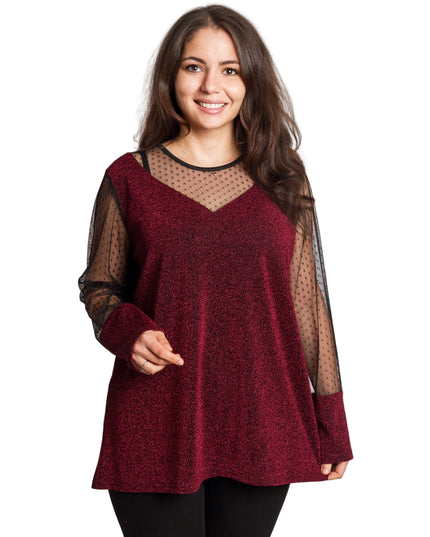 Блестяща бордо туника с тюл на точки в големи размери