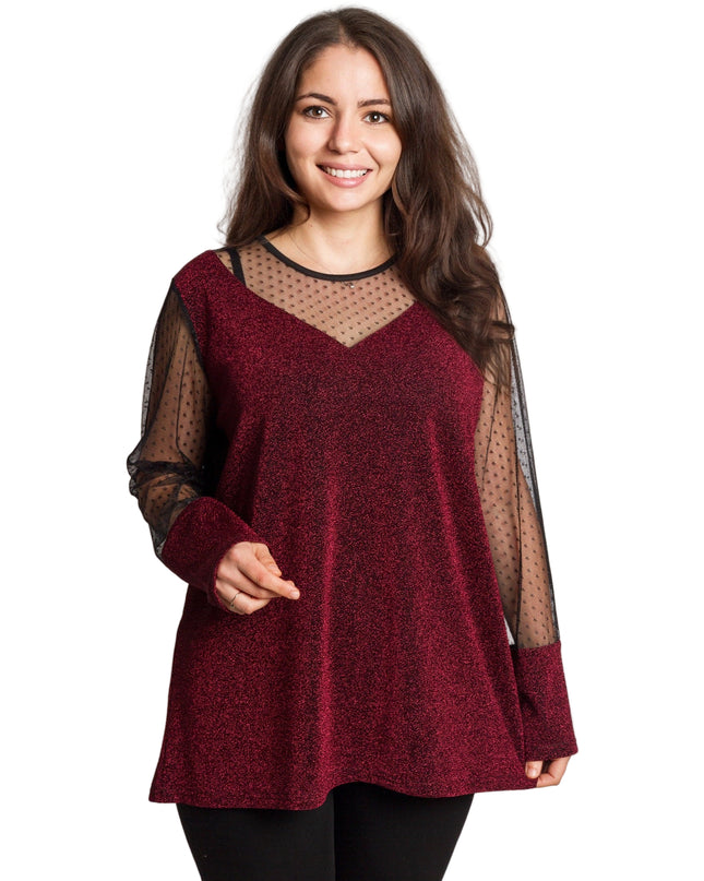 Блестяща бордо туника с тюл на точки в големи размери