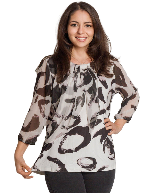 Официална туника с шифон и ефектно плисе в черно-бял принт