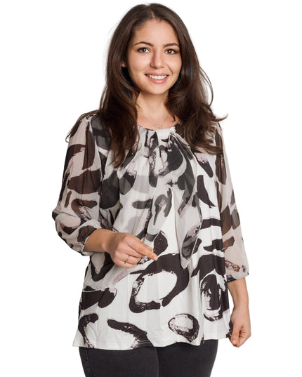 Официална туника с шифон и ефектно плисе в черно-бял принт