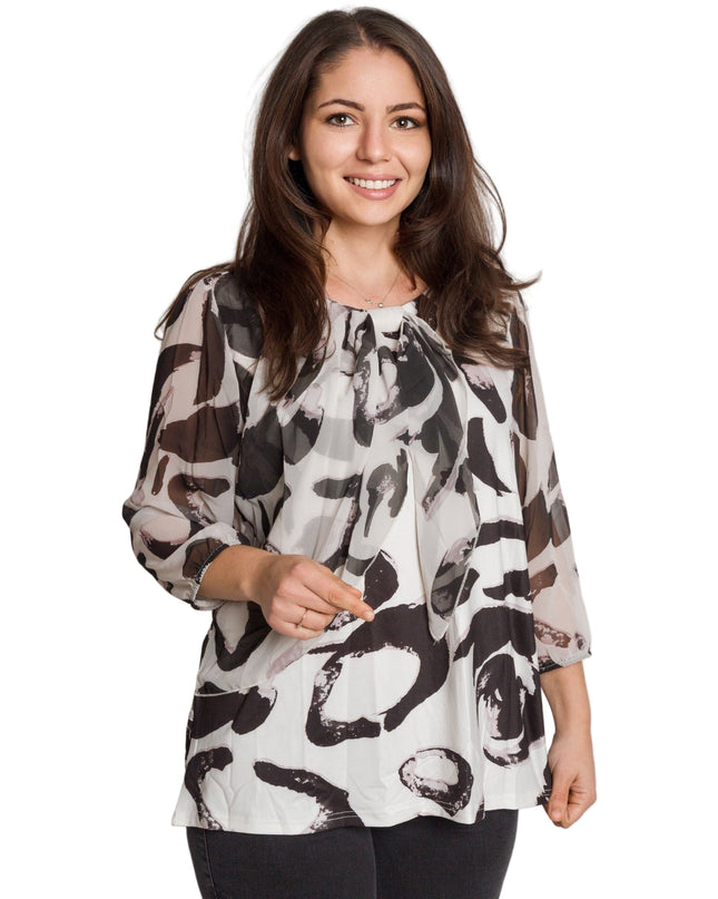 Официална туника с шифон и ефектно плисе в черно-бял принт