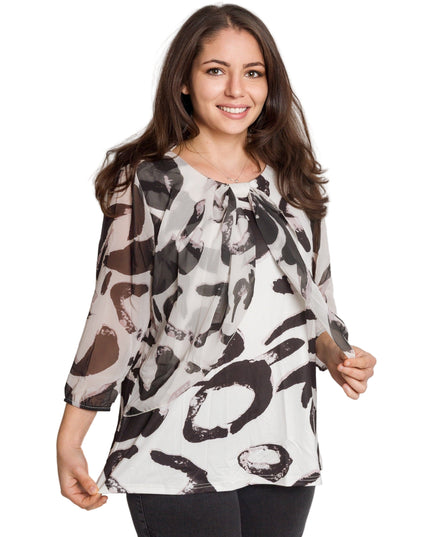 Официална туника с шифон и ефектно плисе в черно-бял принт