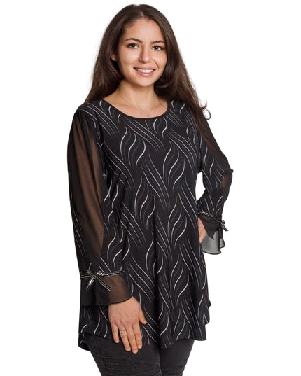 Елегантна черна туника с тюлени ръкави и разкроена кройка