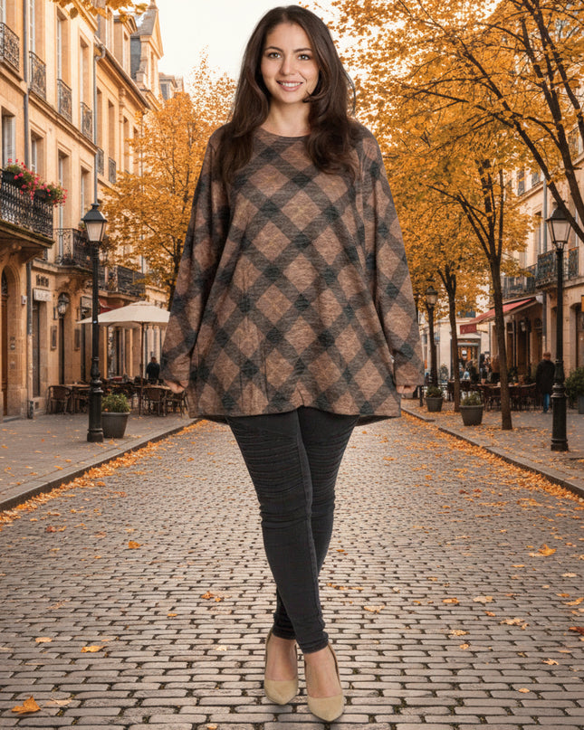 Карирана дамска туника с права кройка в макси размери