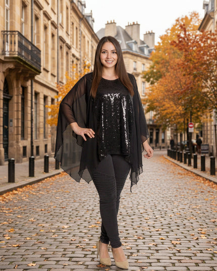Елегантна черна туника с пайети и ефирен шифон