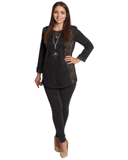 Тъмносива права туника с декоративен цип и трикотажни акценти