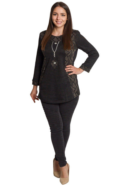 Тъмносива права туника с декоративен цип и трикотажни акценти