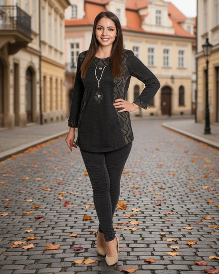 Тъмносива права туника с декоративен цип и трикотажни акценти