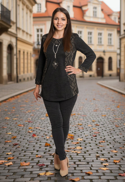 Тъмносива права туника с декоративен цип и трикотажни акценти