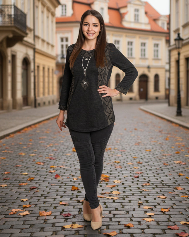 Тъмносива права туника с декоративен цип и трикотажни акценти