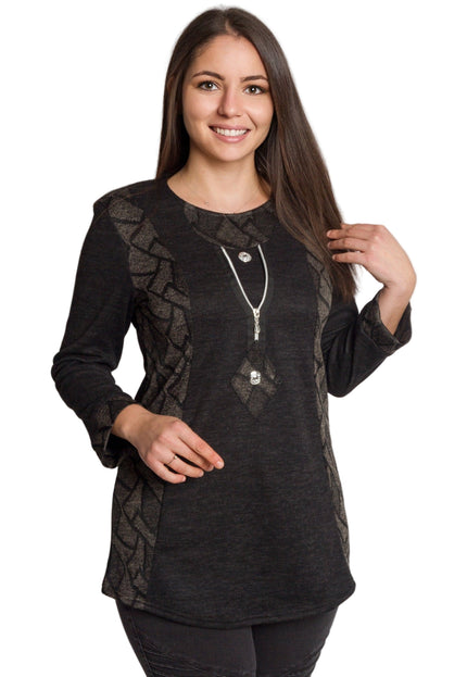 Тъмносива права туника с декоративен цип и трикотажни акценти