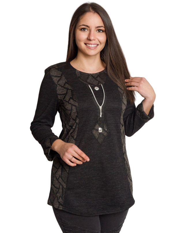 Тъмносива права туника с декоративен цип и трикотажни акценти