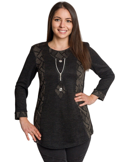 Тъмносива права туника с декоративен цип и трикотажни акценти