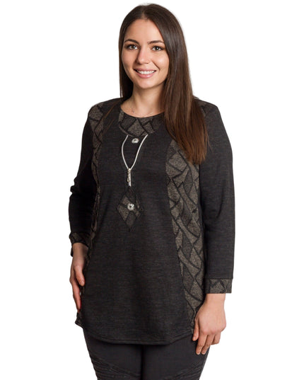 Тъмносива права туника с декоративен цип и трикотажни акценти