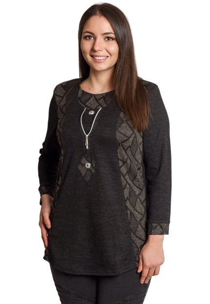 Тъмносива права туника с декоративен цип и трикотажни акценти