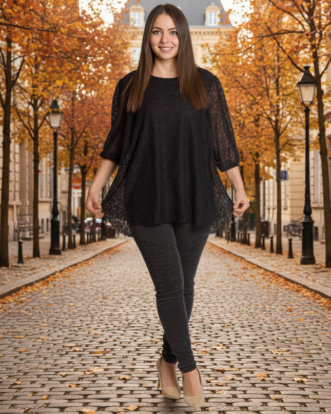 Елегантна черна дантелена туника с разкроена кройка