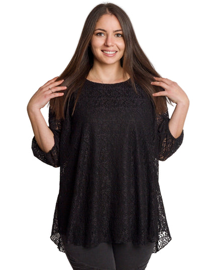 Елегантна черна дантелена туника с разкроена кройка