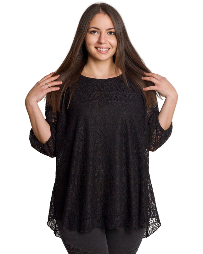 Елегантна черна дантелена туника с разкроена кройка