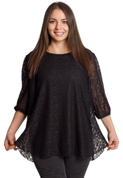 Елегантна черна дантелена туника с разкроена кройка