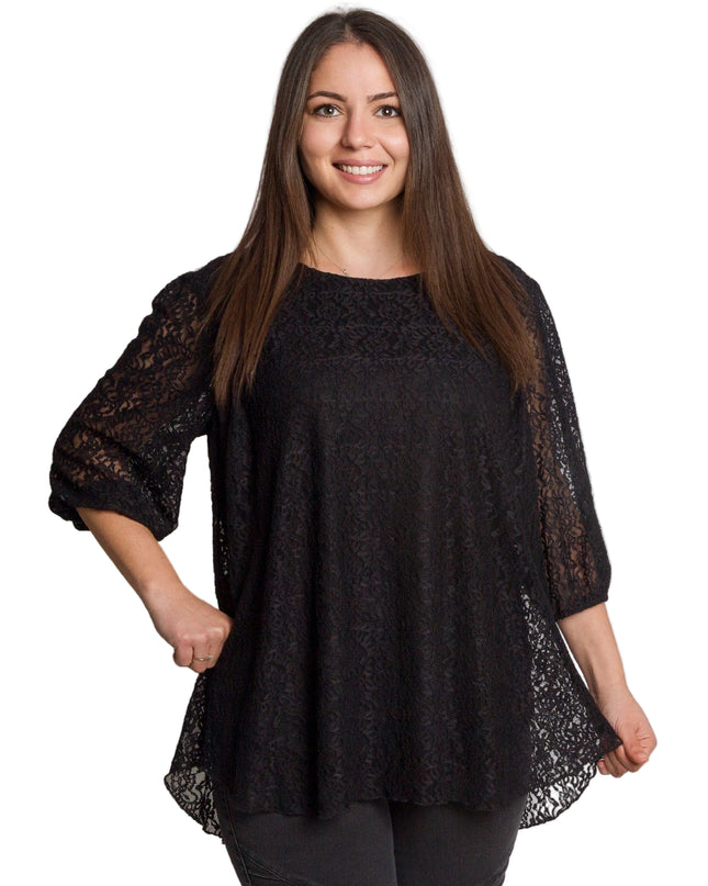 Елегантна черна дантелена туника с разкроена кройка