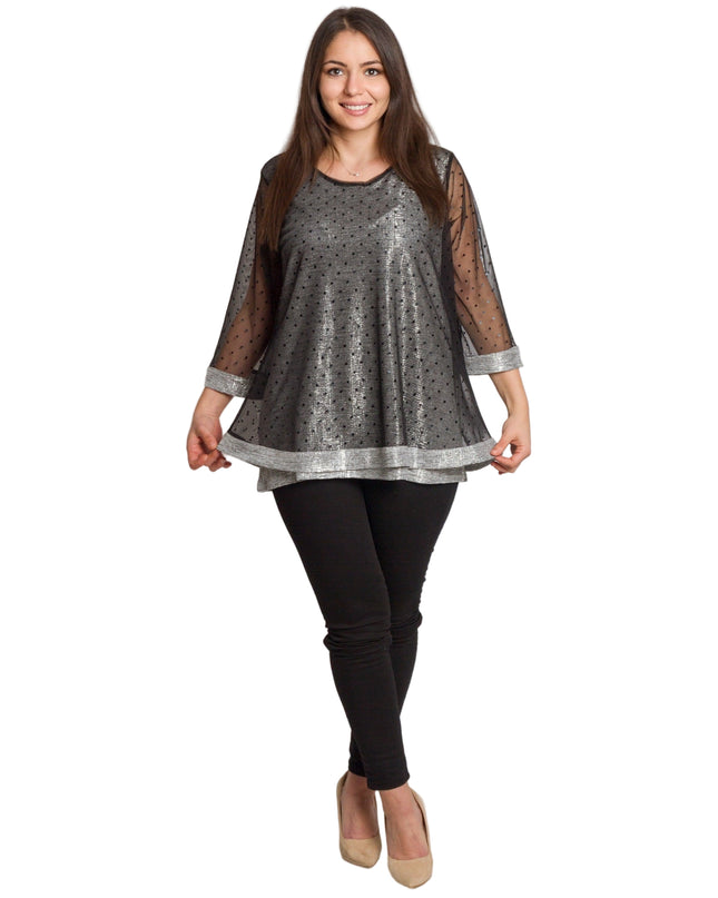 Oфициална разкроена туника със сребрист блясък и 3/4 ръкави