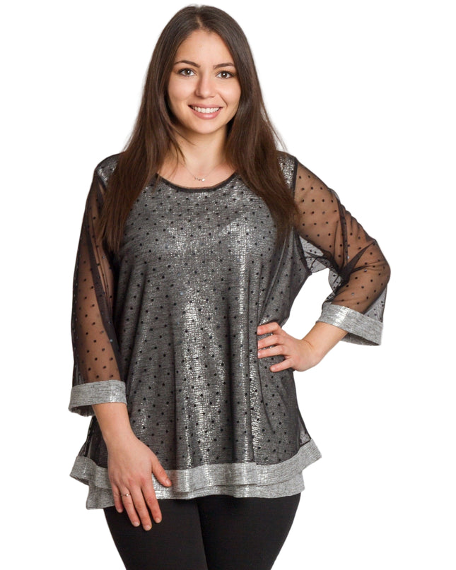Oфициална разкроена туника със сребрист блясък и 3/4 ръкави