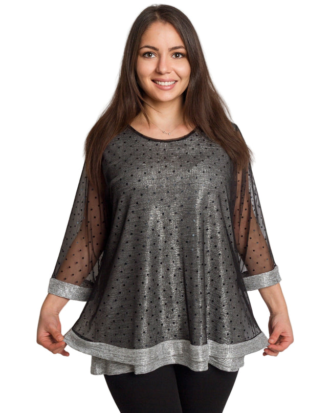 Oфициална разкроена туника със сребрист блясък и 3/4 ръкави