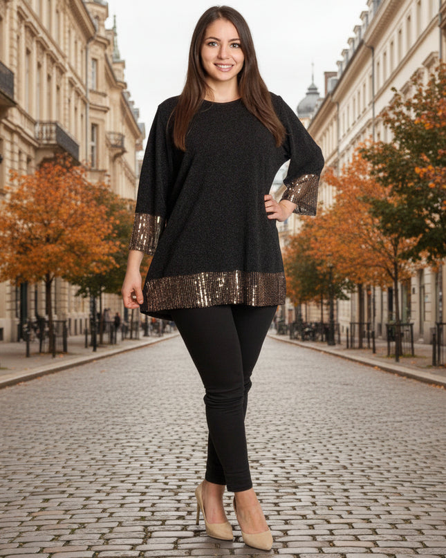 Официална черна туника с права кройка и пайетен акцент
