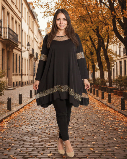 Черна официална туника с декоративна златиста мрежа