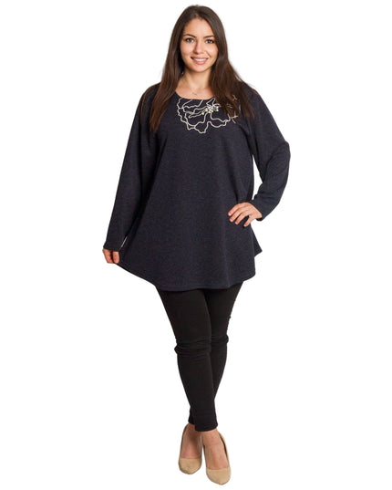 Тъмносиня разкроена туника с декорация в големи размери