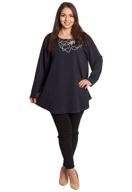 Тъмносиня разкроена туника с декорация в големи размери