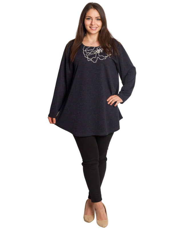 Тъмносиня разкроена туника с декорация в големи размери