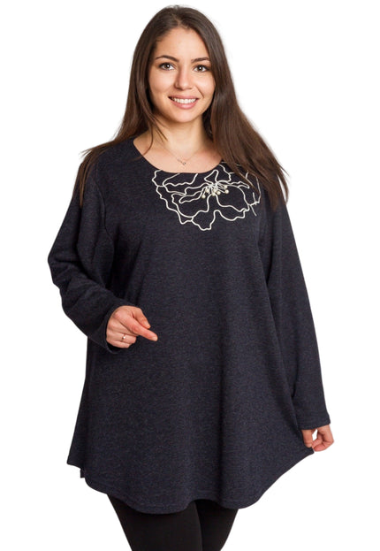 Тъмносиня разкроена туника с декорация в големи размери