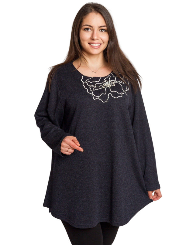 Тъмносиня разкроена туника с декорация в големи размери