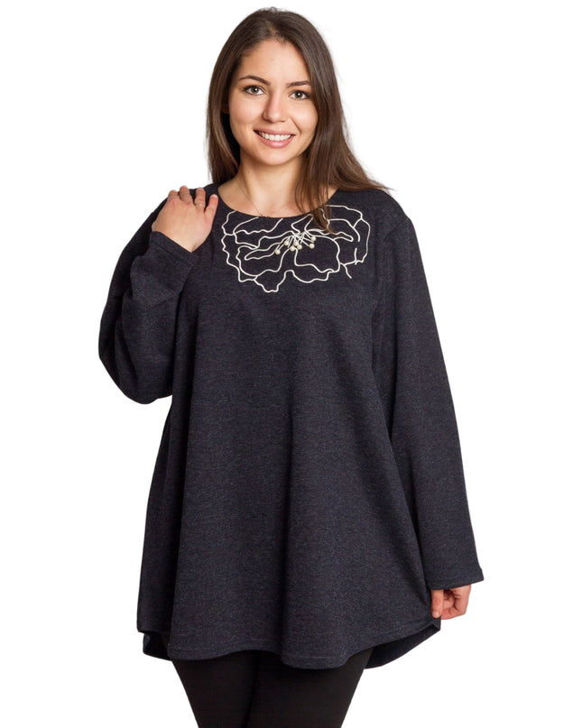 Тъмносиня разкроена туника с декорация в големи размери