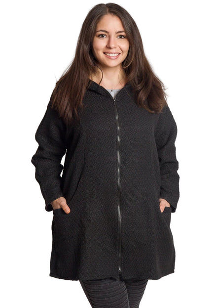 Разкроен дамски жакет с цип и джобове в черен цвят