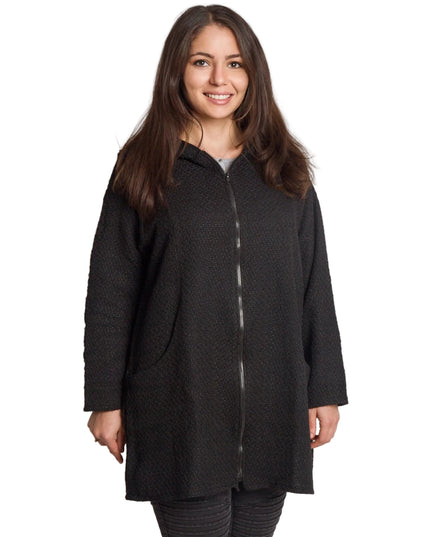 Разкроен дамски жакет с цип и джобове в черен цвят