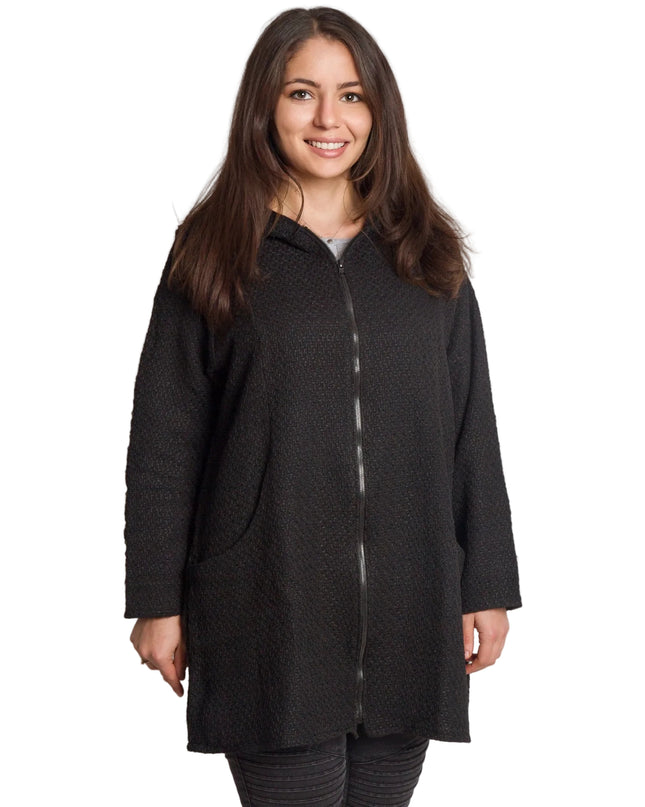 Разкроен дамски жакет с цип и джобове в черен цвят