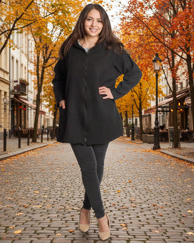 Разкроен дамски жакет с цип и джобове в черен цвят