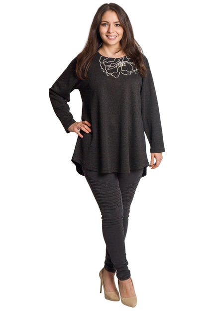 Тъмносива разкроена туника с флорална декорация в големи размери