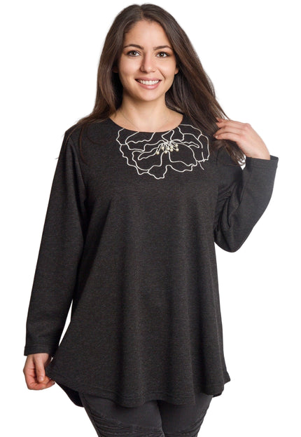 Тъмносива разкроена туника с флорална декорация в големи размери