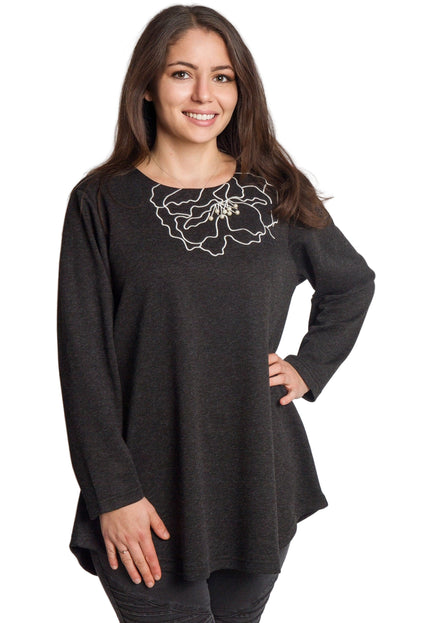 Тъмносива разкроена туника с флорална декорация в големи размери