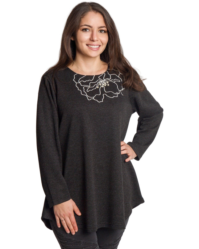 Тъмносива разкроена туника с флорална декорация в големи размери