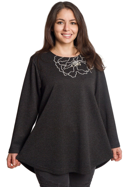 Тъмносива разкроена туника с флорална декорация в големи размери